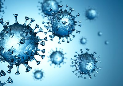 Group of floating coronaviruses with blue background - 3D illustration